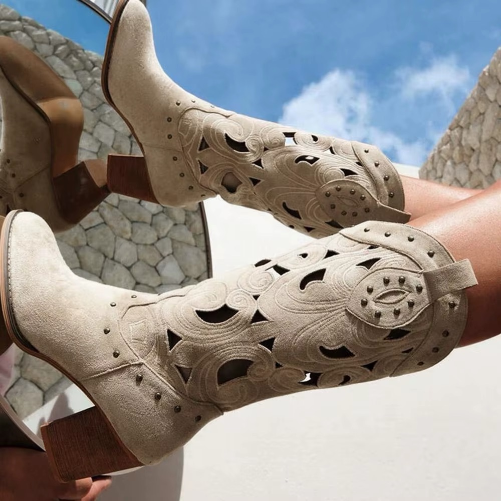 New Studded Lace Hollow Out Beige Velveteen Western Heeled Boots 6.5 37 - Picture 4 of 7